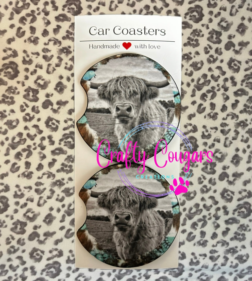 Western highland cow Car Coasters