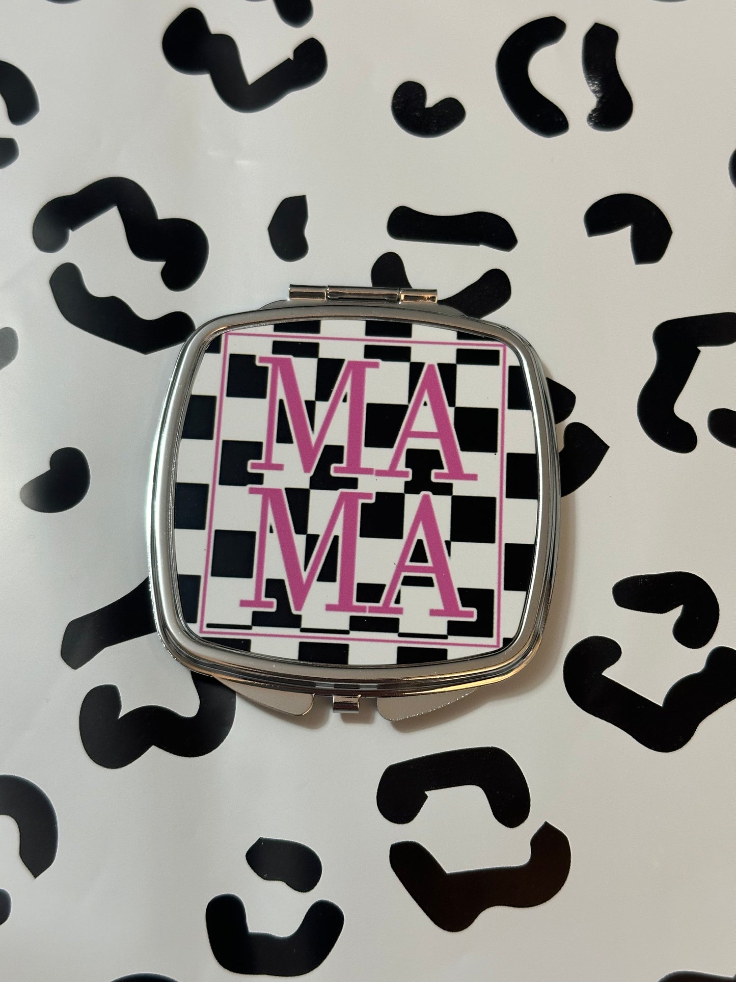 MAMA Pink Stacked Checkered Compact Mirror- Square