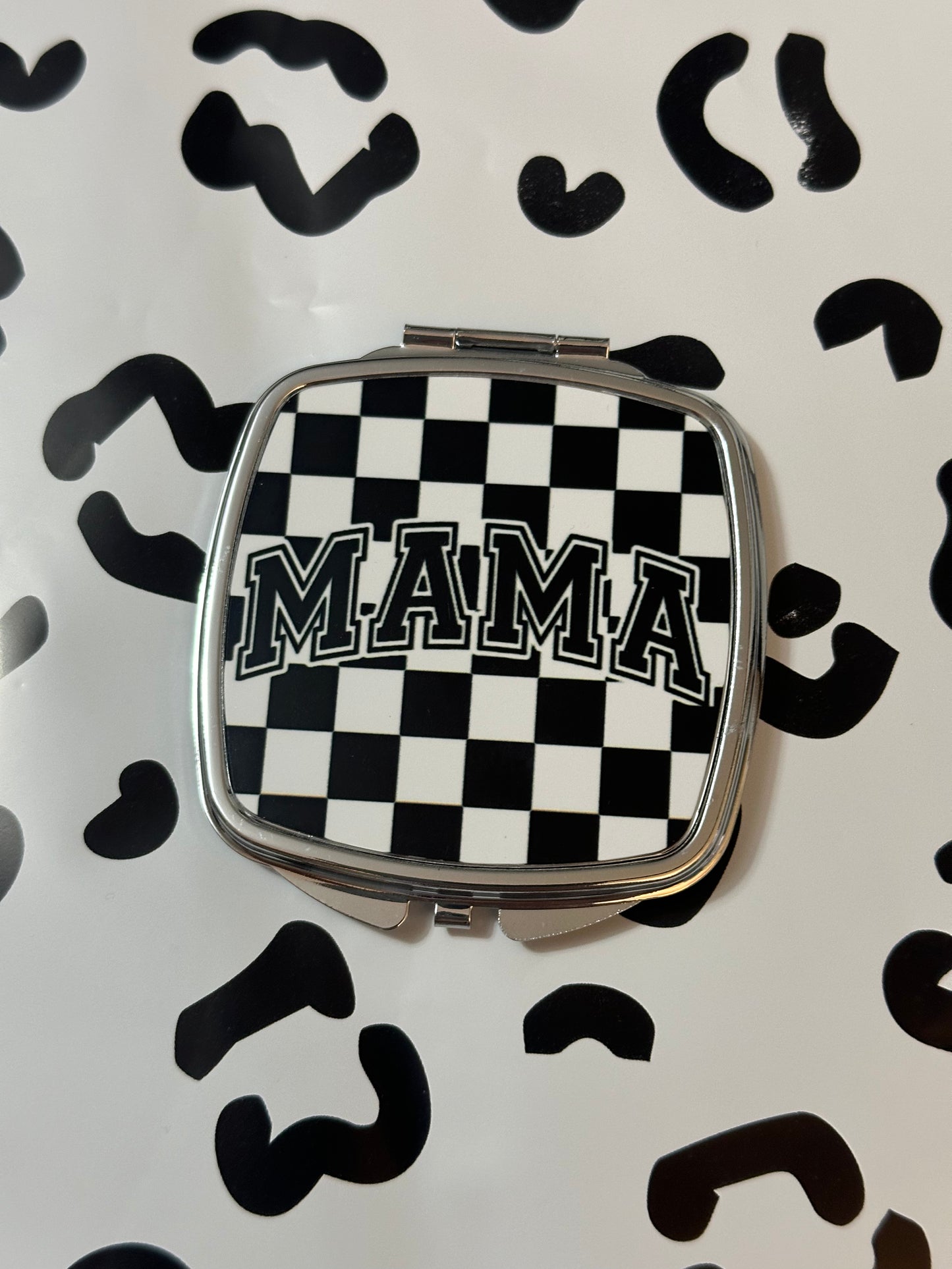 Mama Black and White Checkered Compact Mirror- Square