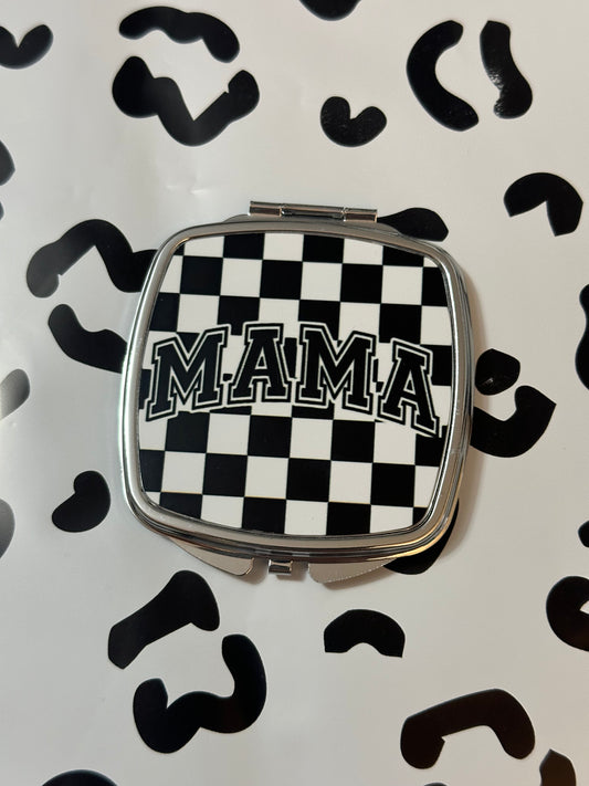 Mama Black and White Checkered Compact Mirror- Square