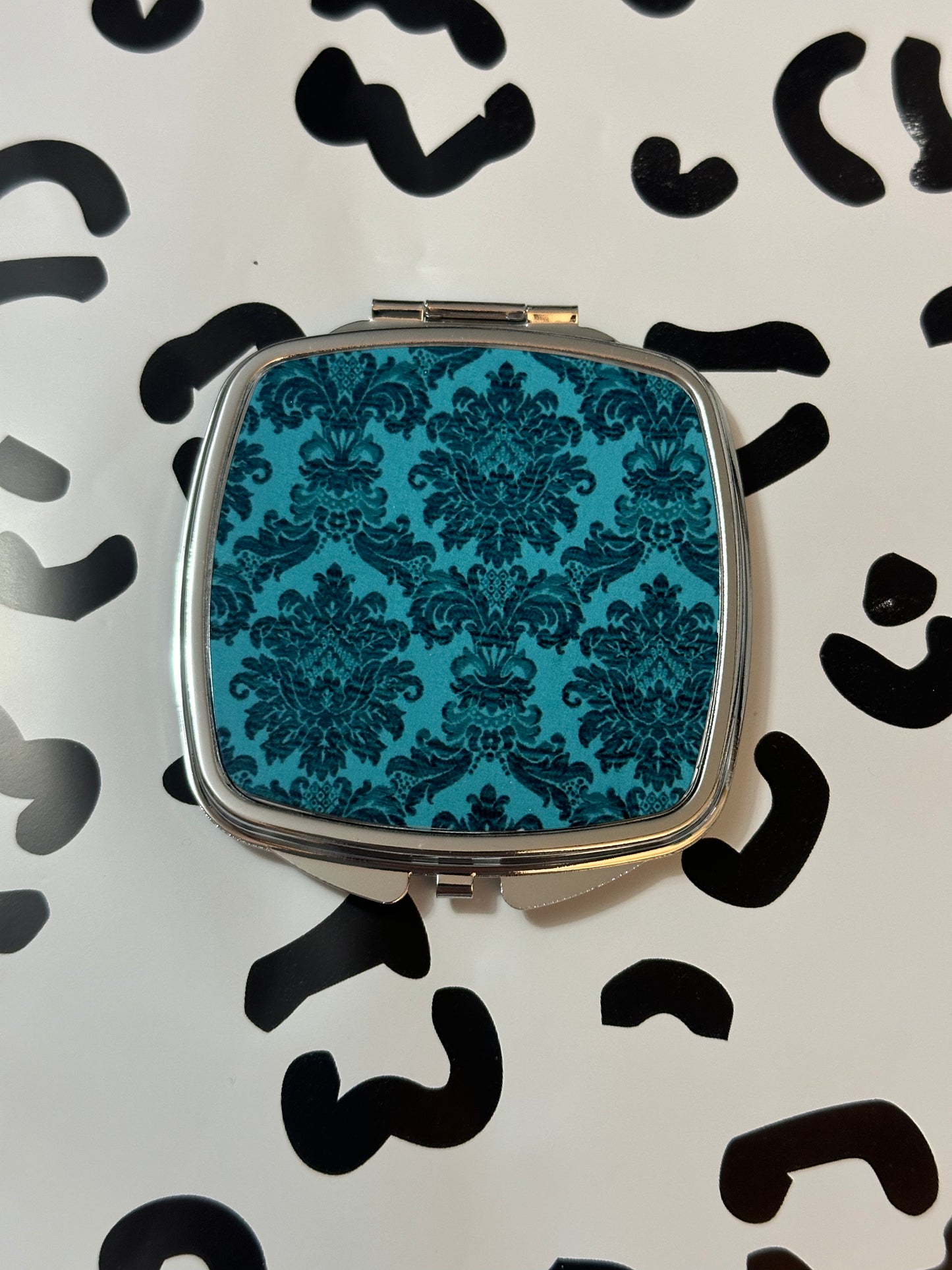 Teal and Black Patterned Compact Mirror- Square