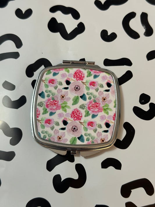 Pink Floral Compact Mirror- Square