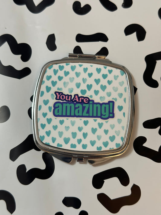 Teal Hearts You are Amazing Compact Mirror- Square