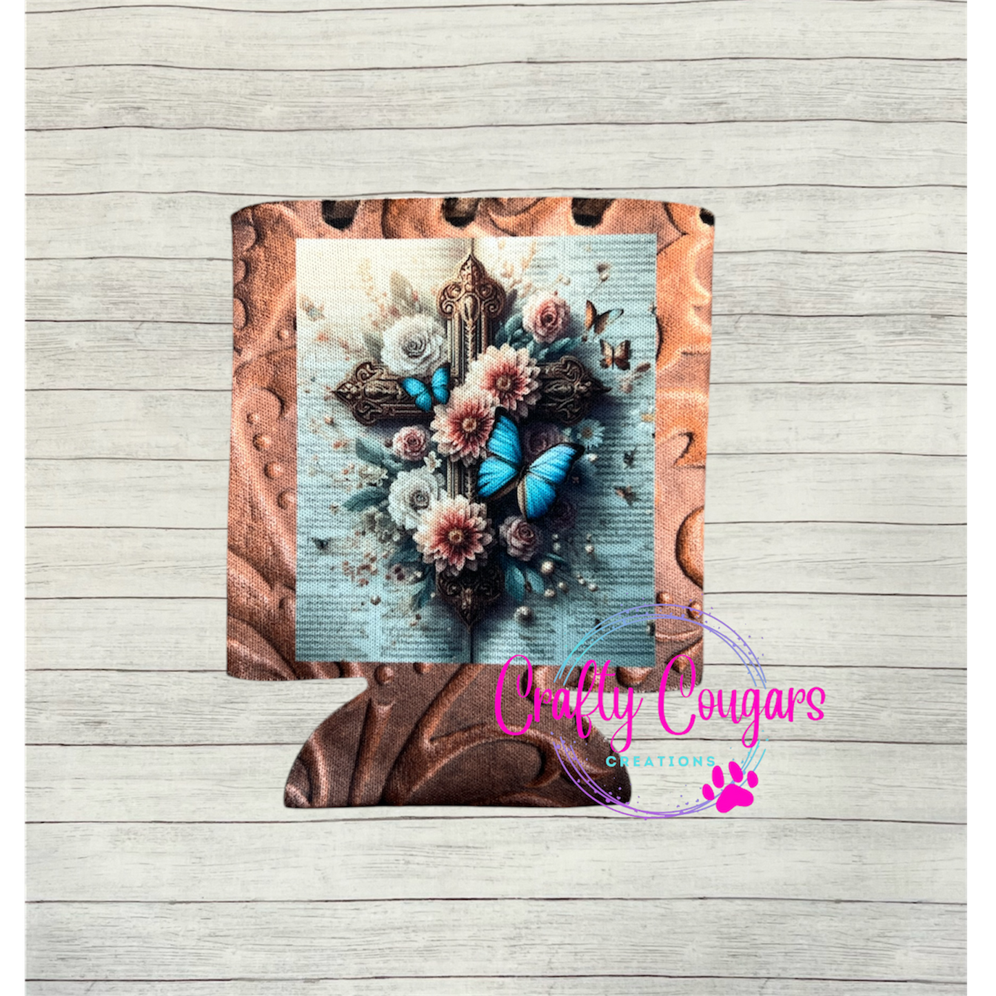 Butterflies & Floral Cross Koozie