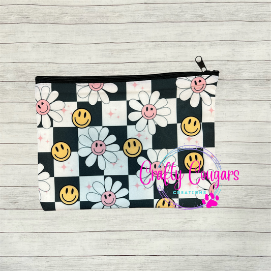 Checkered Smiley Flowers Zipper Bag