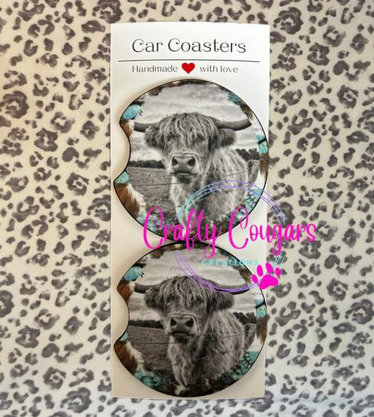 Western highland cow Car Coasters