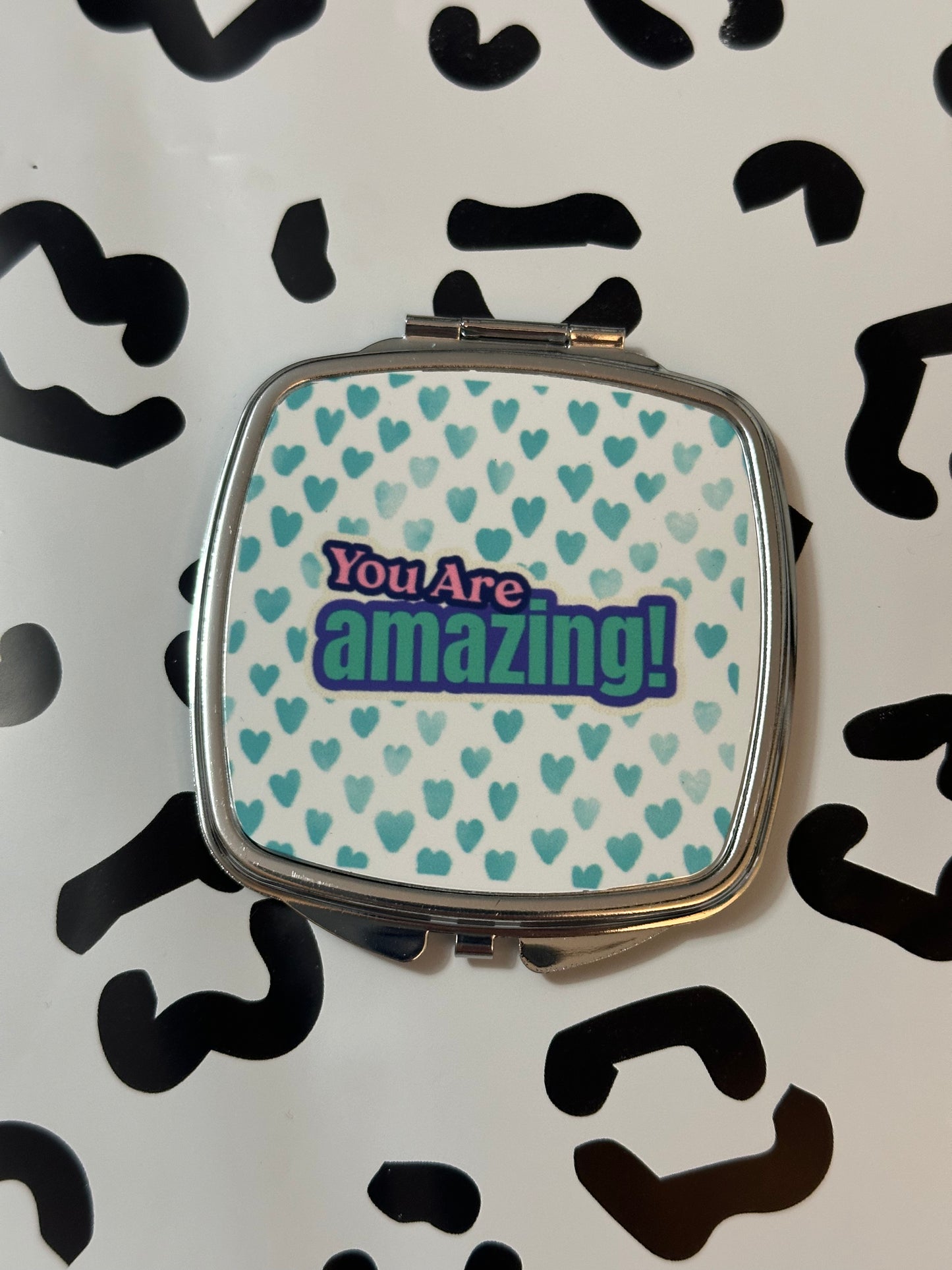 Teal Hearts You are Amazing Compact Mirror- Square