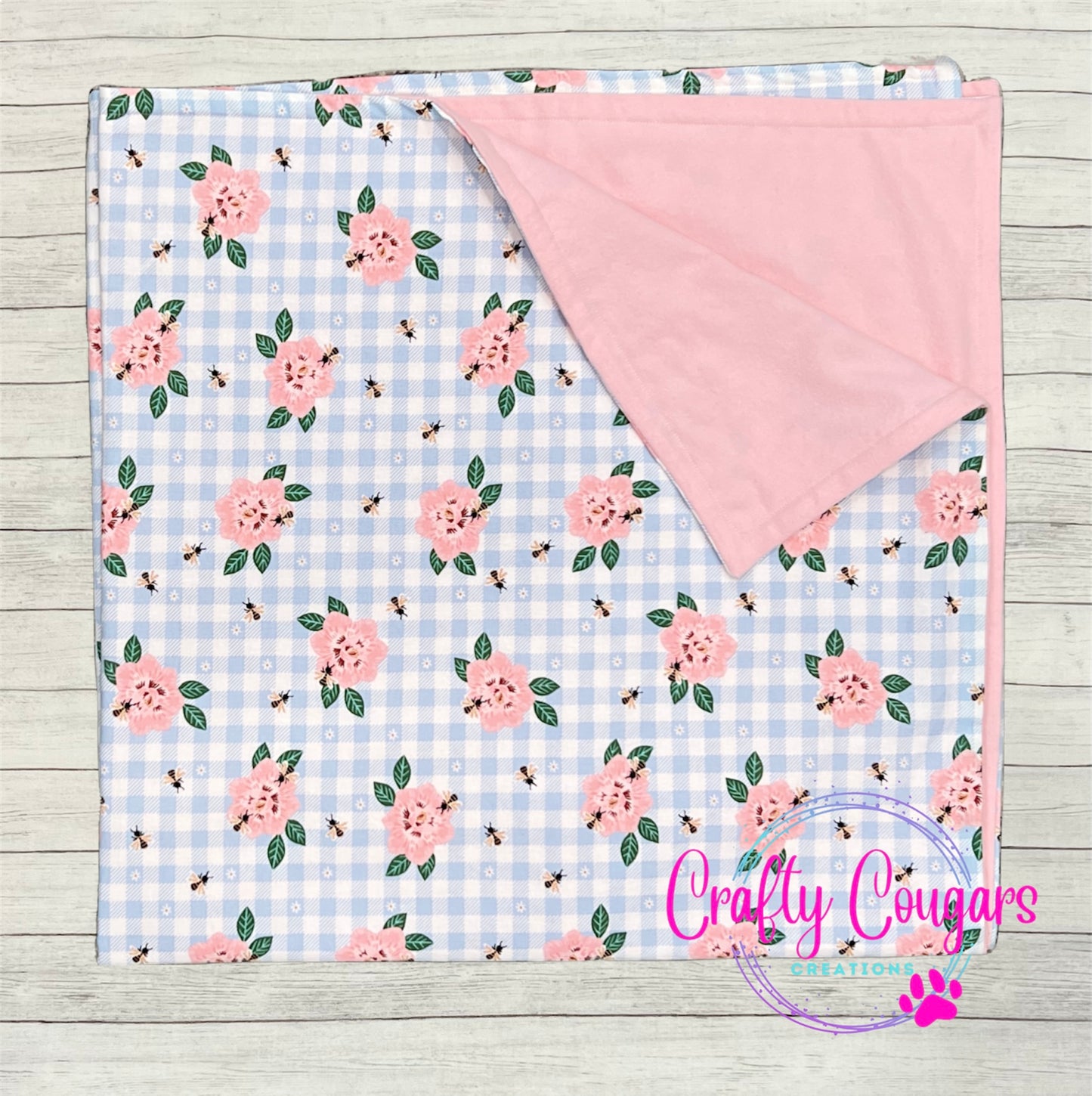 Blue Plaid With Pink Flowers Baby Blanket