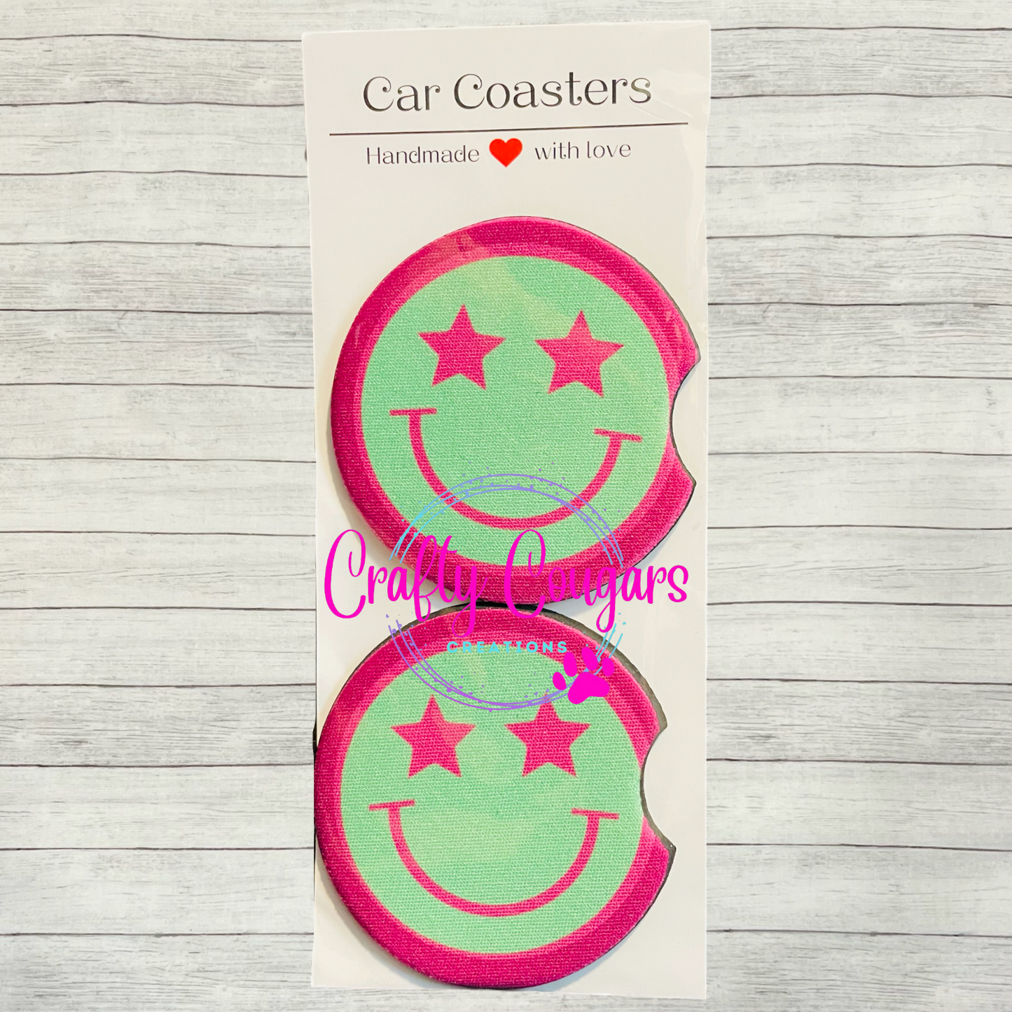 Pink and Lime Green Smiley Car Coasters