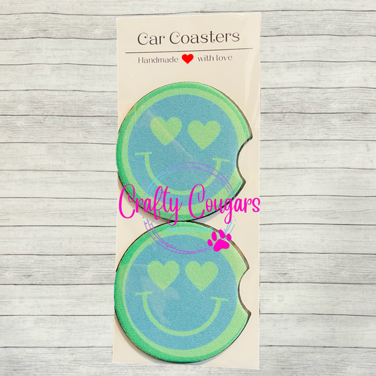 Teal and Lime Green Smiley Car Coasters