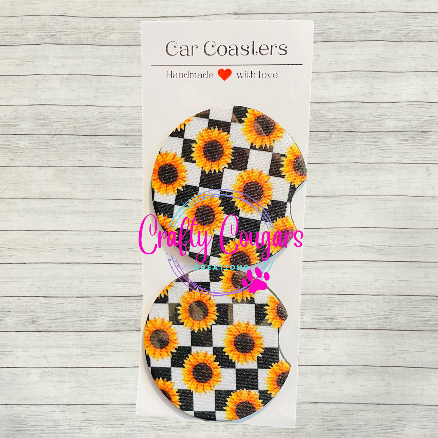 Checkered Sunflowers Car Coasters