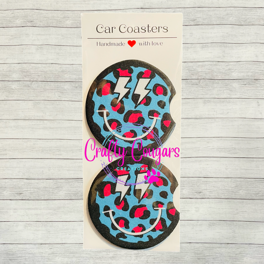 Teal and Pink Leopard Smiley Car Coasters