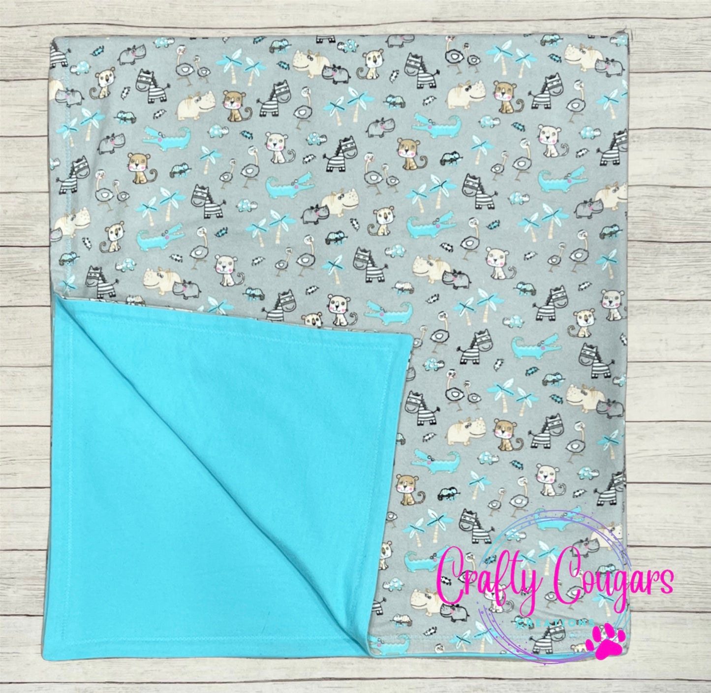 Gray/Teal Zoo Animals Baby Blanket