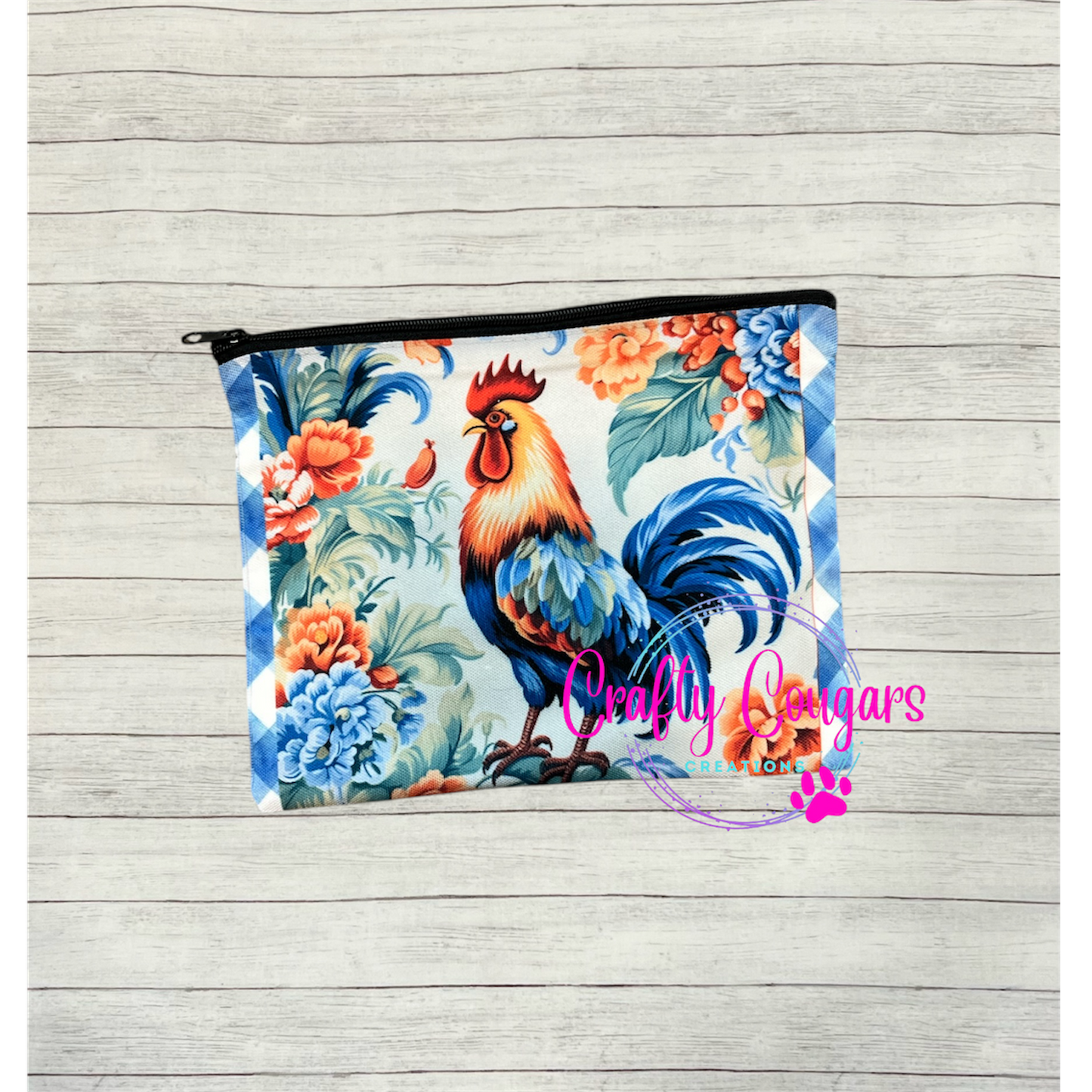 Blue Plaid Rooster Zipper Bag
